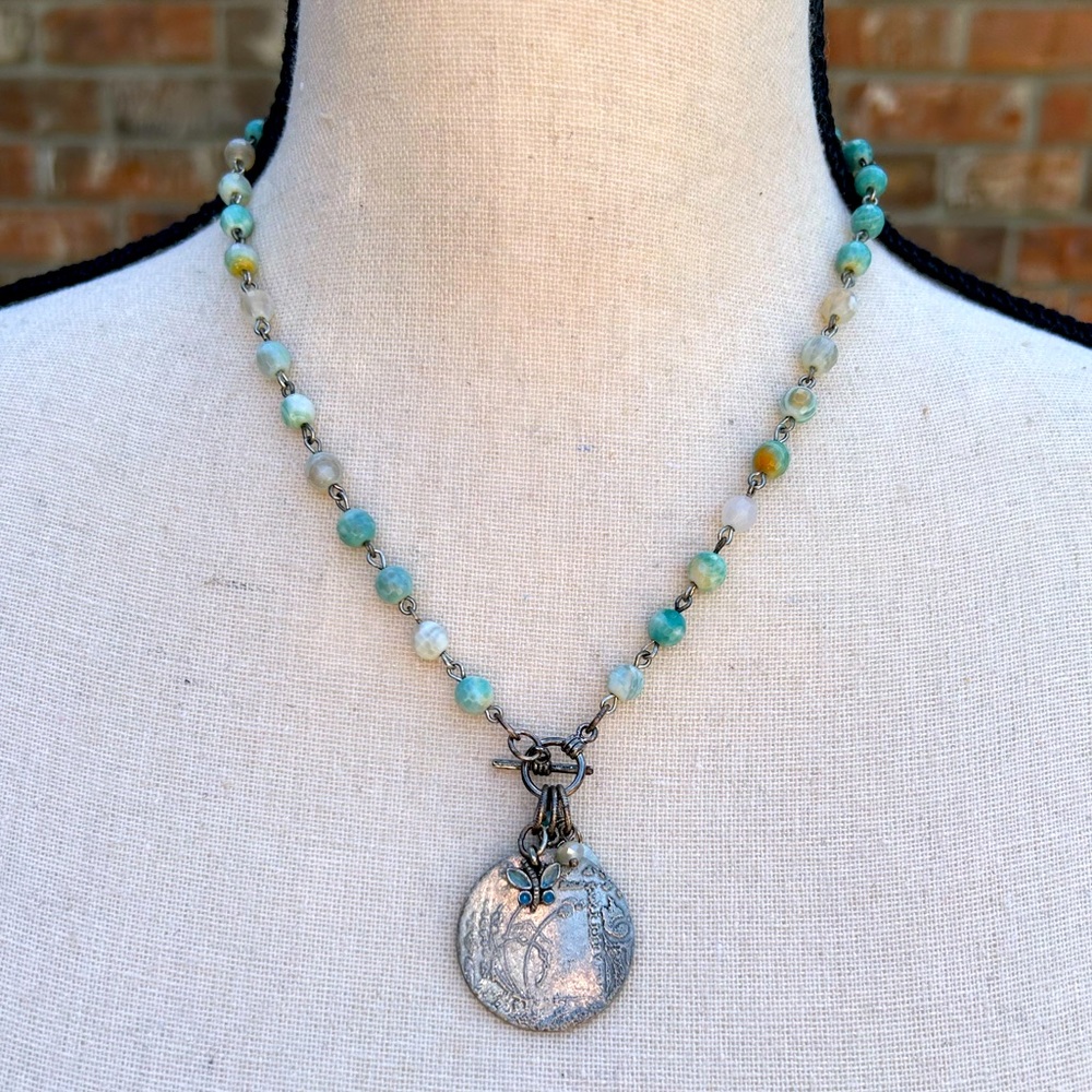 Handcrafted Turquoise Bead Necklace with Silver Coin Pendant